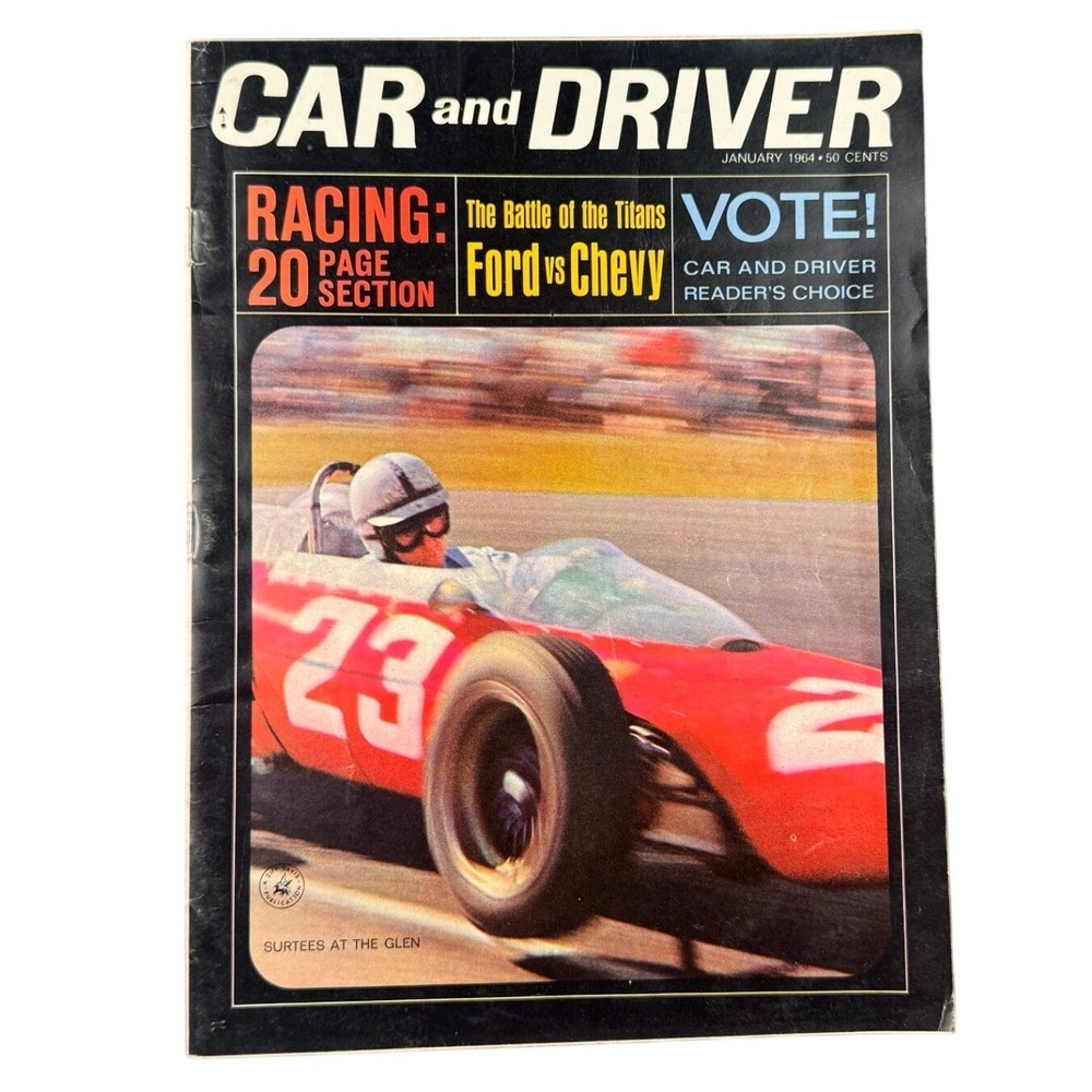 Vintage Car and Driver January 1964 Magazine Ford vs Chevy Racing Section F1
